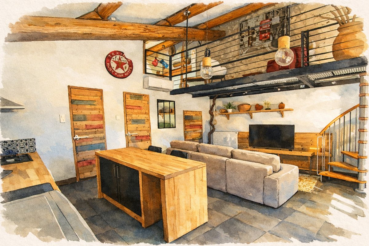 Illustration aquarelle de l'intérieur du gîte